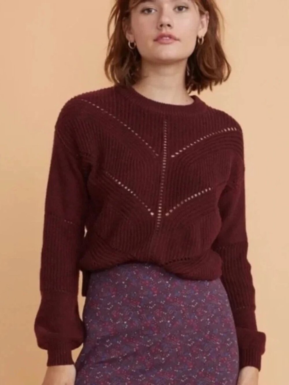 Marine Layer Olivia Pointelle Cashmere Blend Sweater Cabernet Red Womens XS